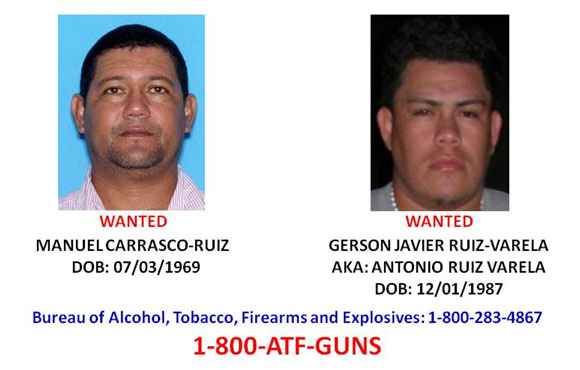 Photographs of the two suspects, Gerson Javier Ruiz-Varela and Manuel Carrasco-Ruiz. Please call 1-800-283-4897 with any information regarding their whereabouts.